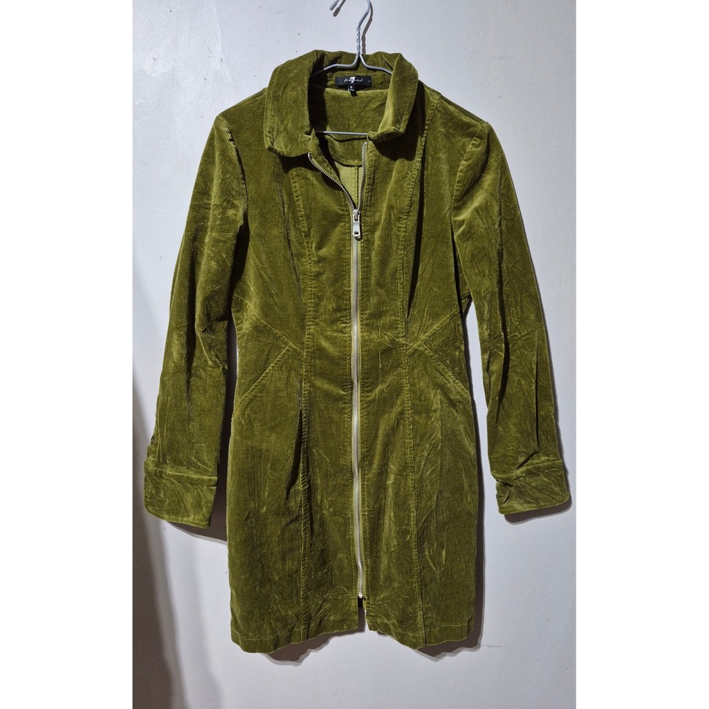 7 For All Mankind Olive Green Corduroy Zip Front Mini Dress Long Sleeve Size 6